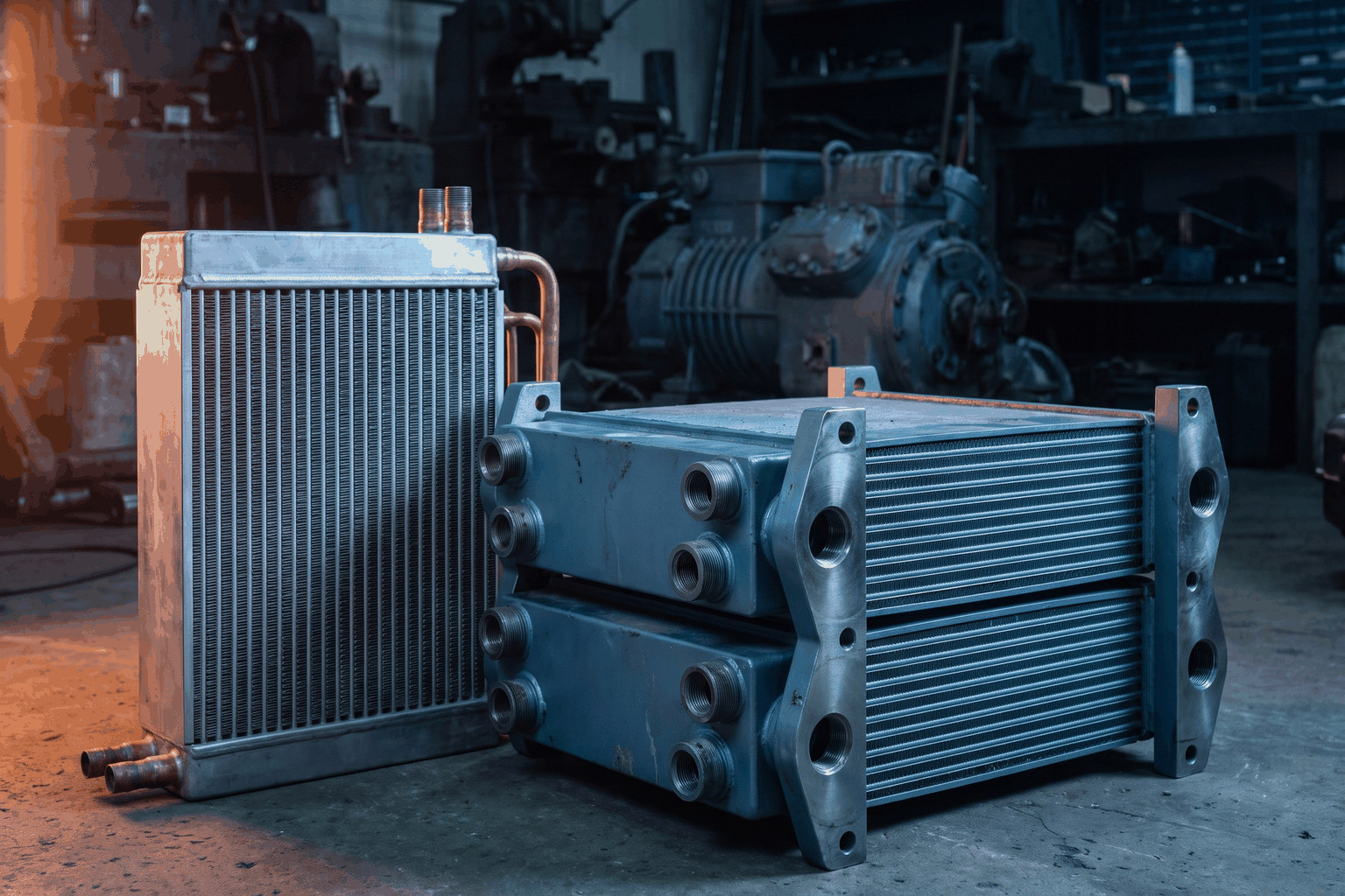 Rotary screw air compressor with oil cooler and aftercooler