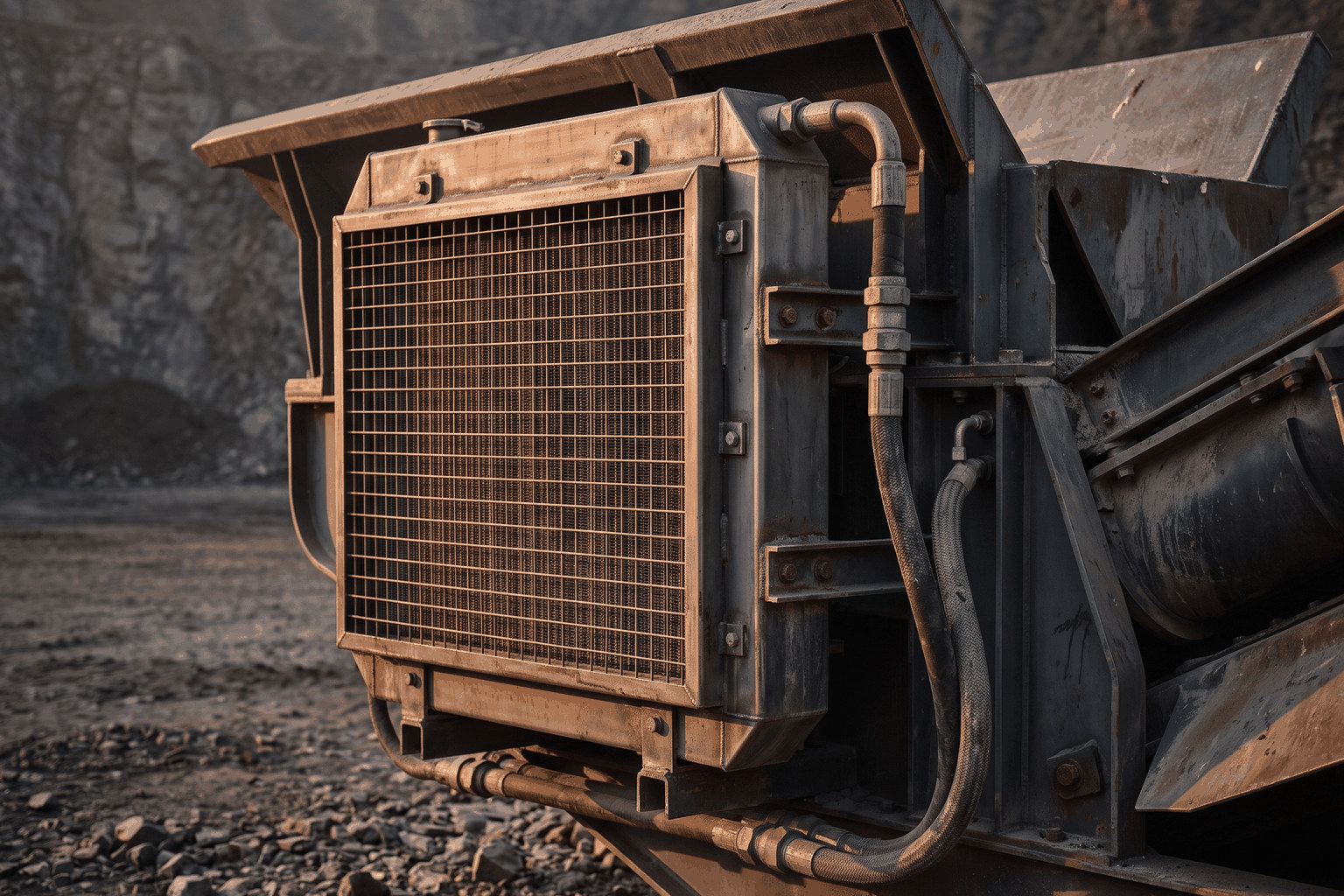 Mobile tracked jaw crushing plant working in dust