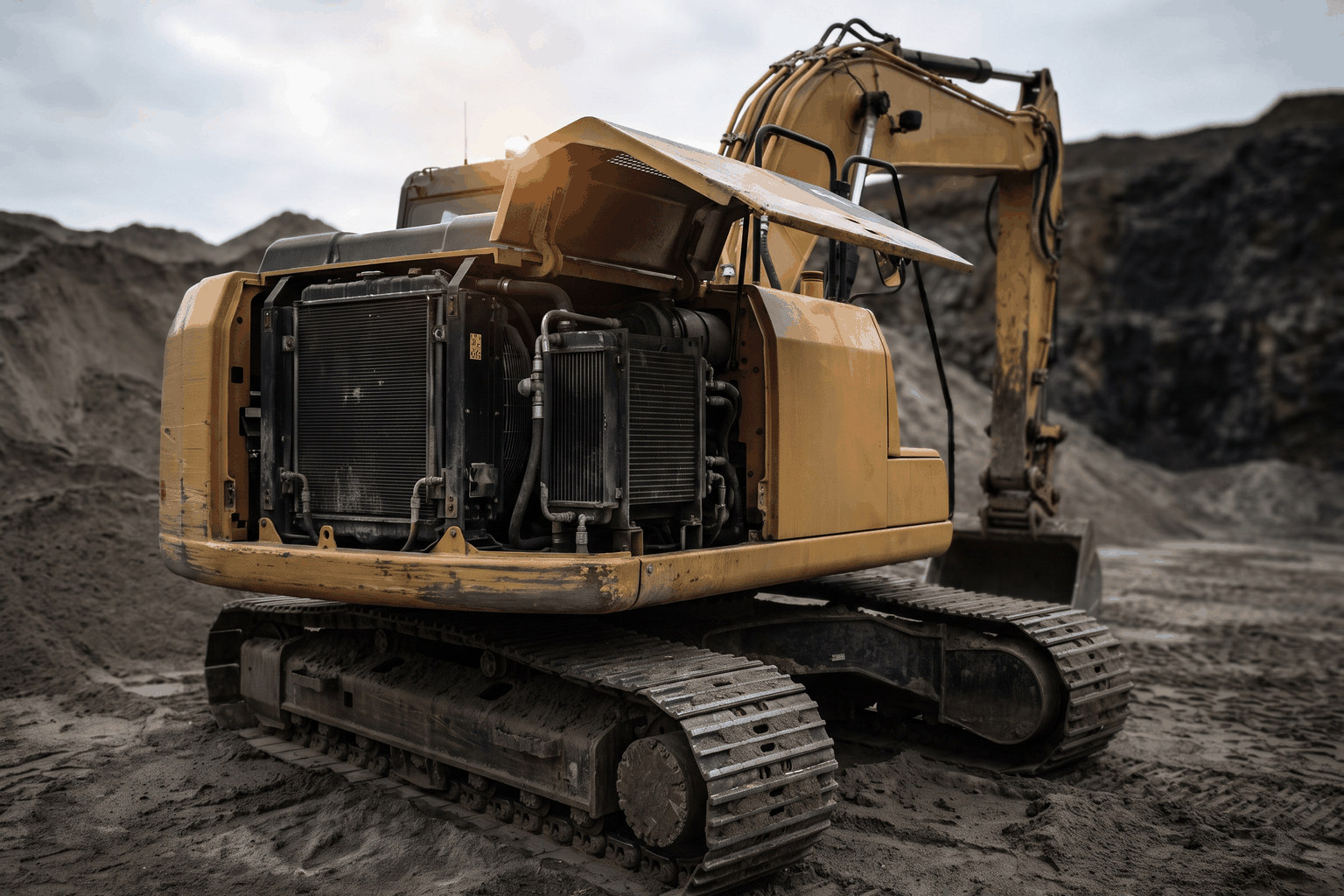 Tracked hydraulic excavator servicing its radiator at a quarry
